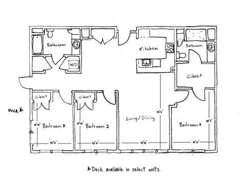 A floor plan of a house with a kitchen, living room, and bedrooms.